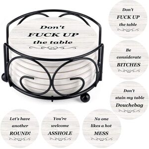 Funny Drink Coasters Absorbent w/ Holder 6 Pcs Absorbing Stone housewarming gift